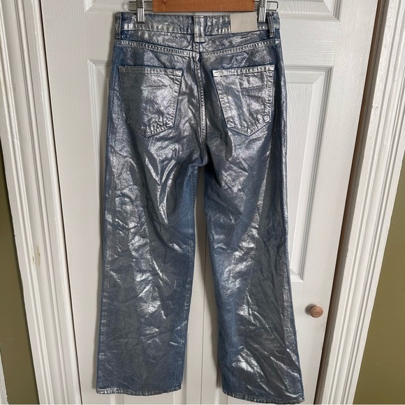 Zara Z1975 MID RISE STRAIGHT CUT METALLIC FOIL JEANS Blue Silver NWOT Size 4 - Picture 6 of 10